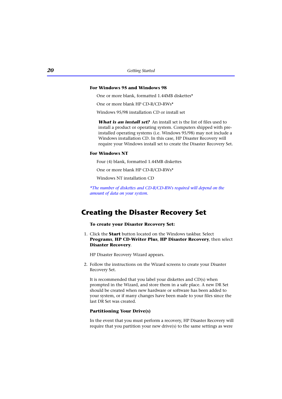 For windows 95 and windows 98, For windows nt, Creating the disaster recovery set | HP CD-Writer Plus Internal 9110i Drive User Manual | Page 20 / 40