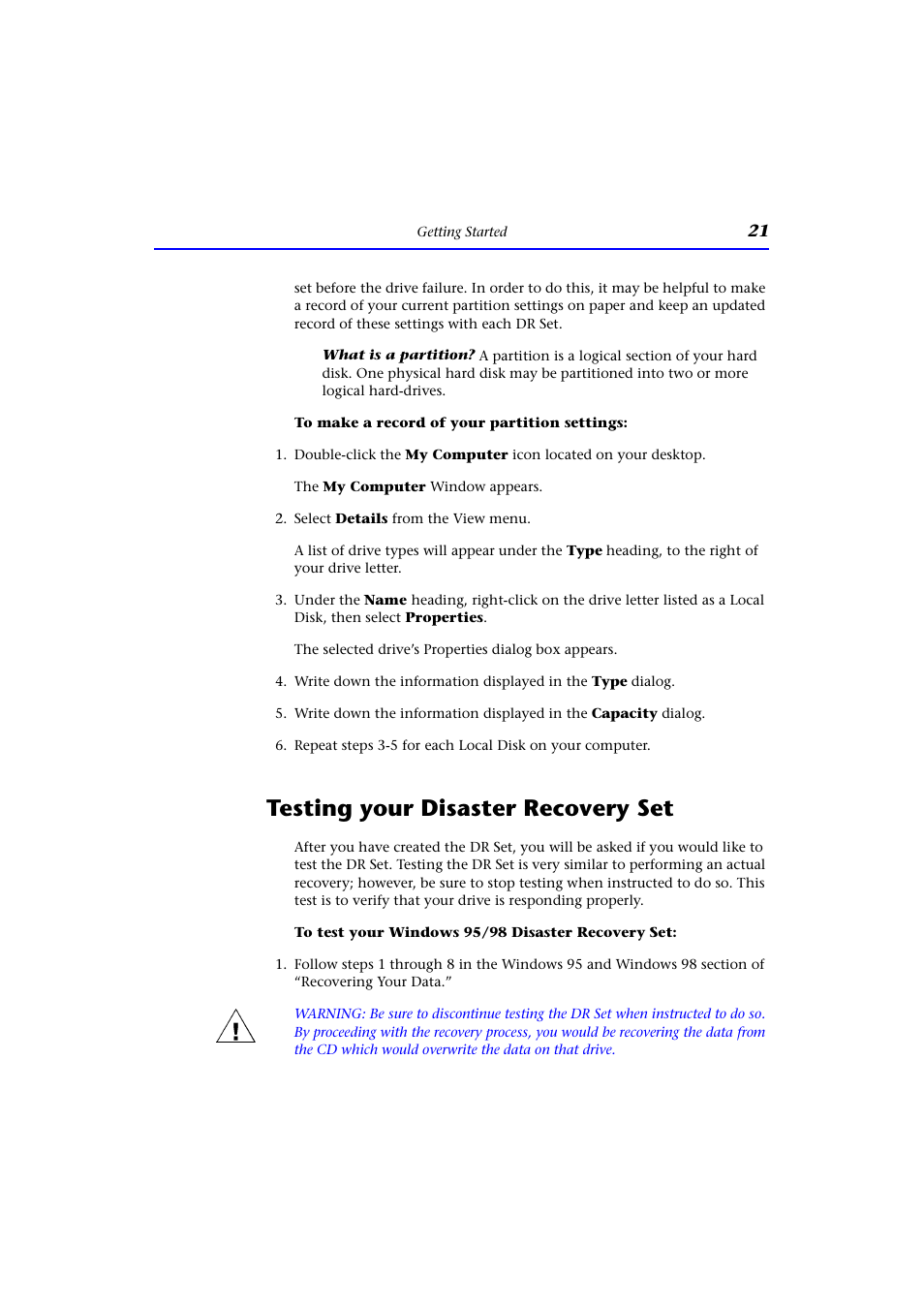 Testing your disaster recovery set | HP CD-Writer Plus Internal 9110i Drive User Manual | Page 21 / 40