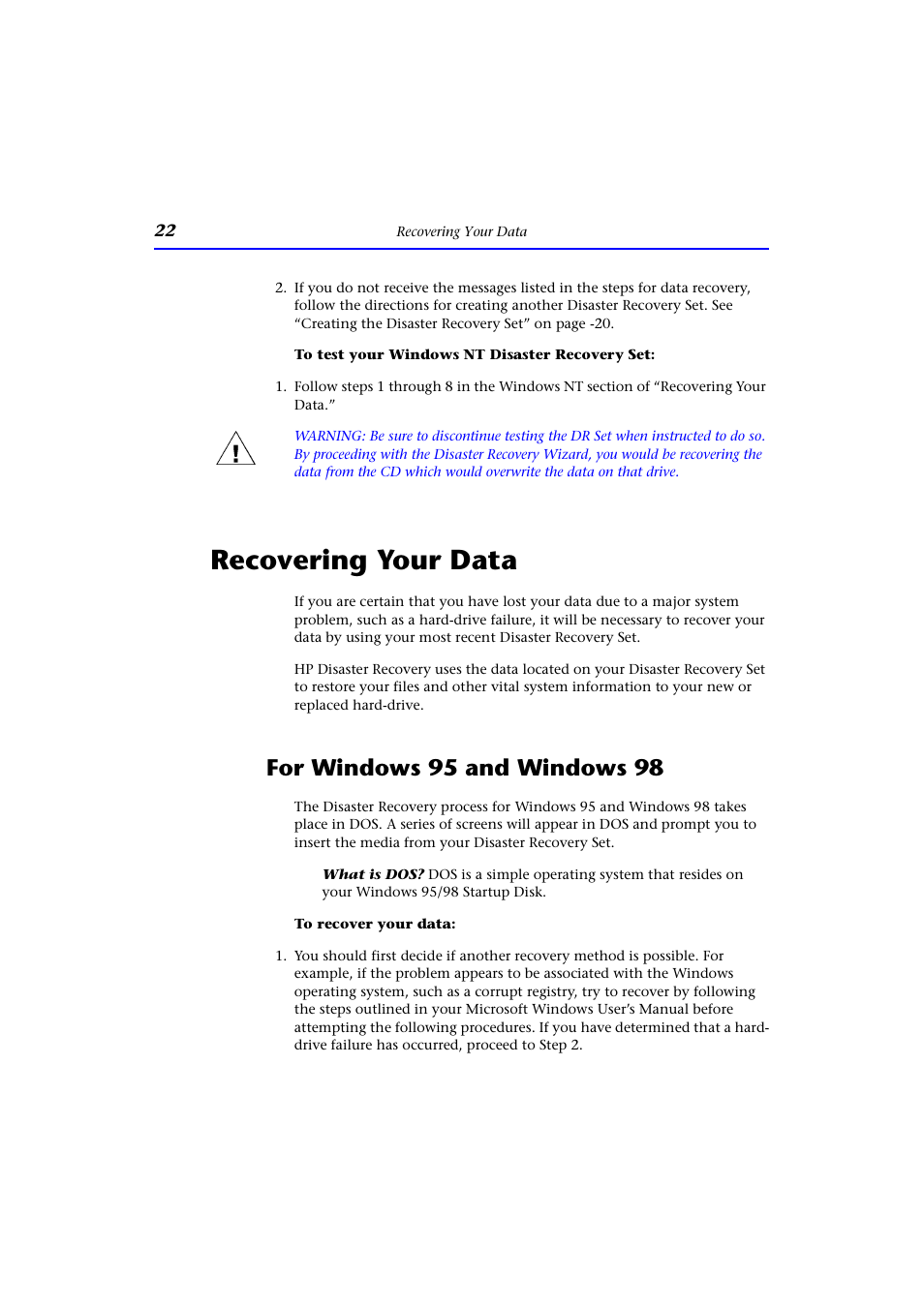 Recovering your data, For windows 95 and windows 98 | HP CD-Writer Plus Internal 9110i Drive User Manual | Page 22 / 40