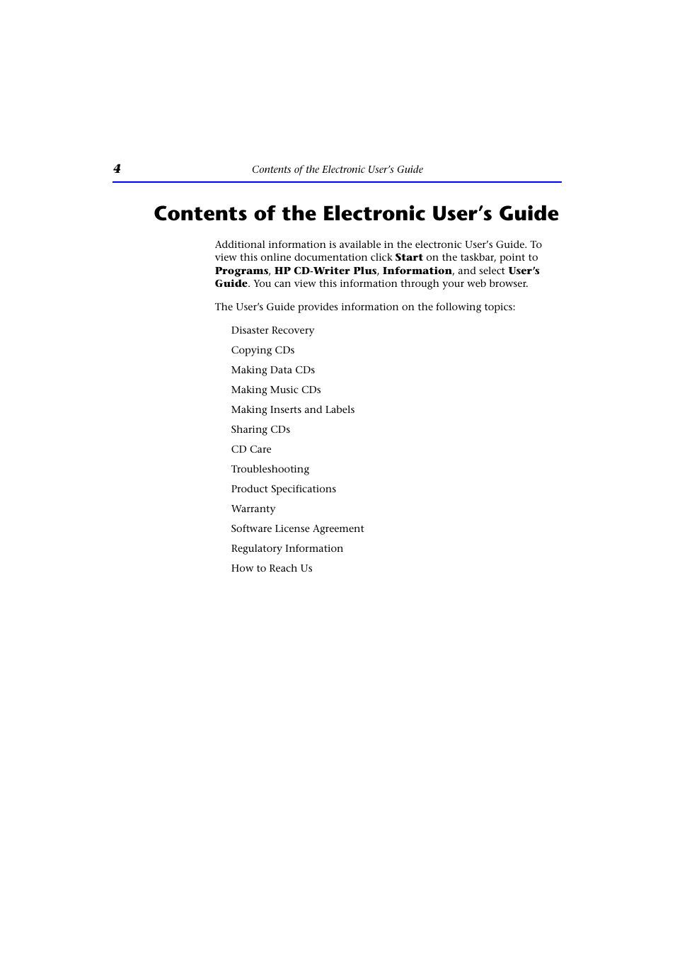 Contents of the electronic user’s guide | HP CD-Writer Plus Internal 9110i Drive User Manual | Page 4 / 40