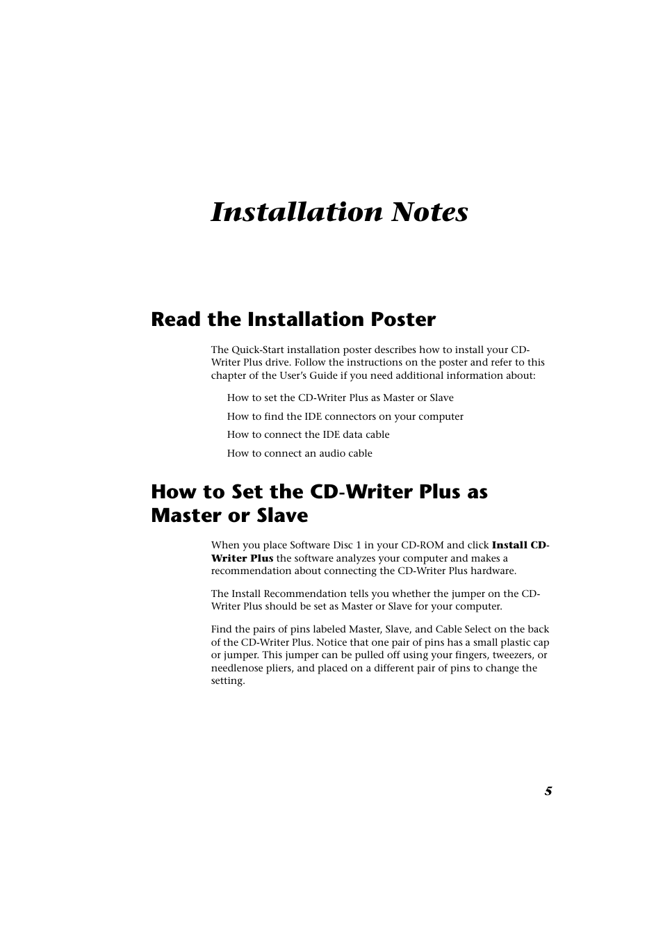Installation notes, Read the installation poster, How to set the cd-writer plus as master or slave | HP CD-Writer Plus Internal 9110i Drive User Manual | Page 5 / 40