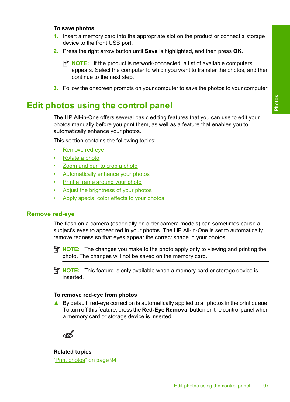 Edit photos using the control panel, Remove red‐eye | HP Photosmart C6340 All-in-One Printer User Manual | Page 100 / 331
