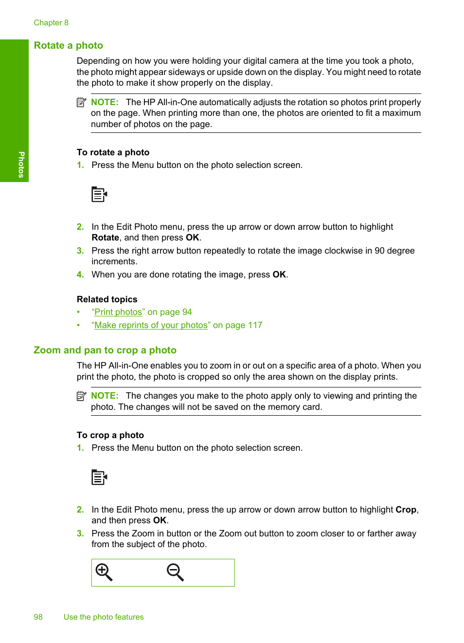 Rotate a photo, Zoom and pan to crop a photo | HP Photosmart C6340 All-in-One Printer User Manual | Page 101 / 331