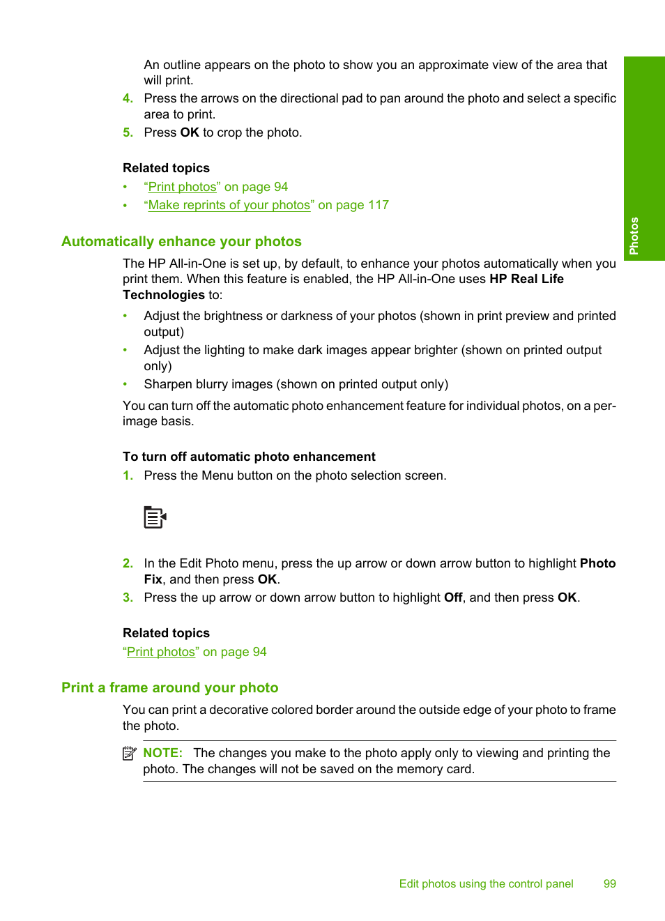 Automatically enhance your photos, Print a frame around your photo | HP Photosmart C6340 All-in-One Printer User Manual | Page 102 / 331