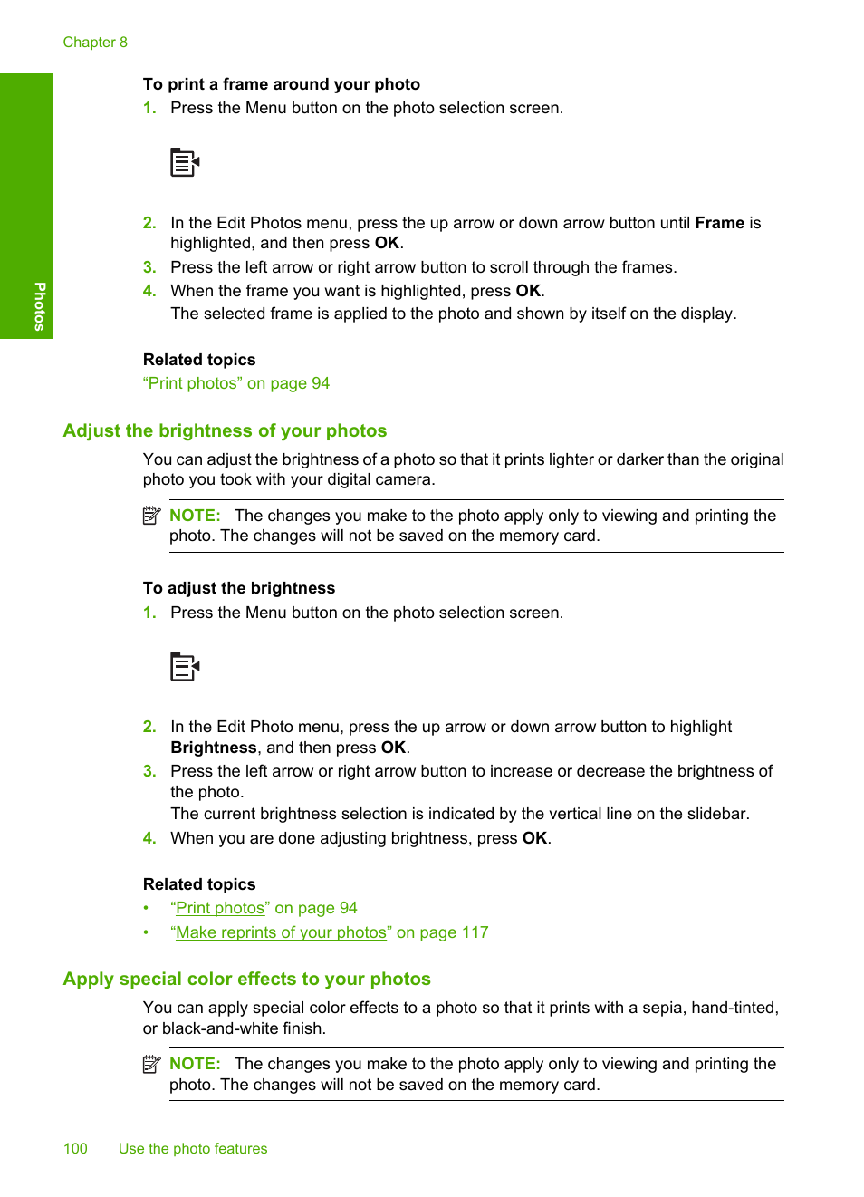 Adjust the brightness of your photos, Apply special color effects to your photos | HP Photosmart C6340 All-in-One Printer User Manual | Page 103 / 331