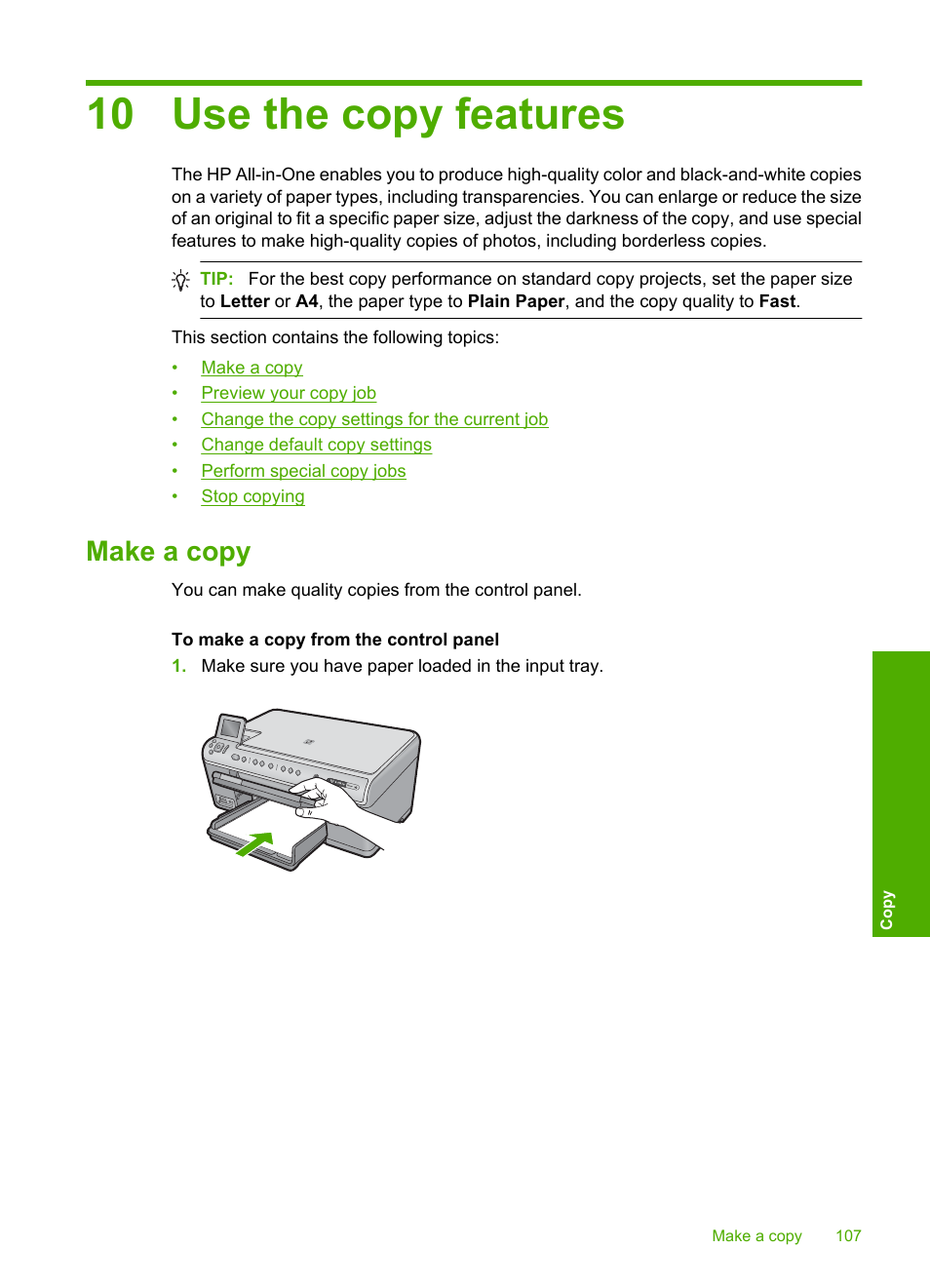 Use the copy features, Make a copy, 10 use the copy features | HP Photosmart C6340 All-in-One Printer User Manual | Page 110 / 331