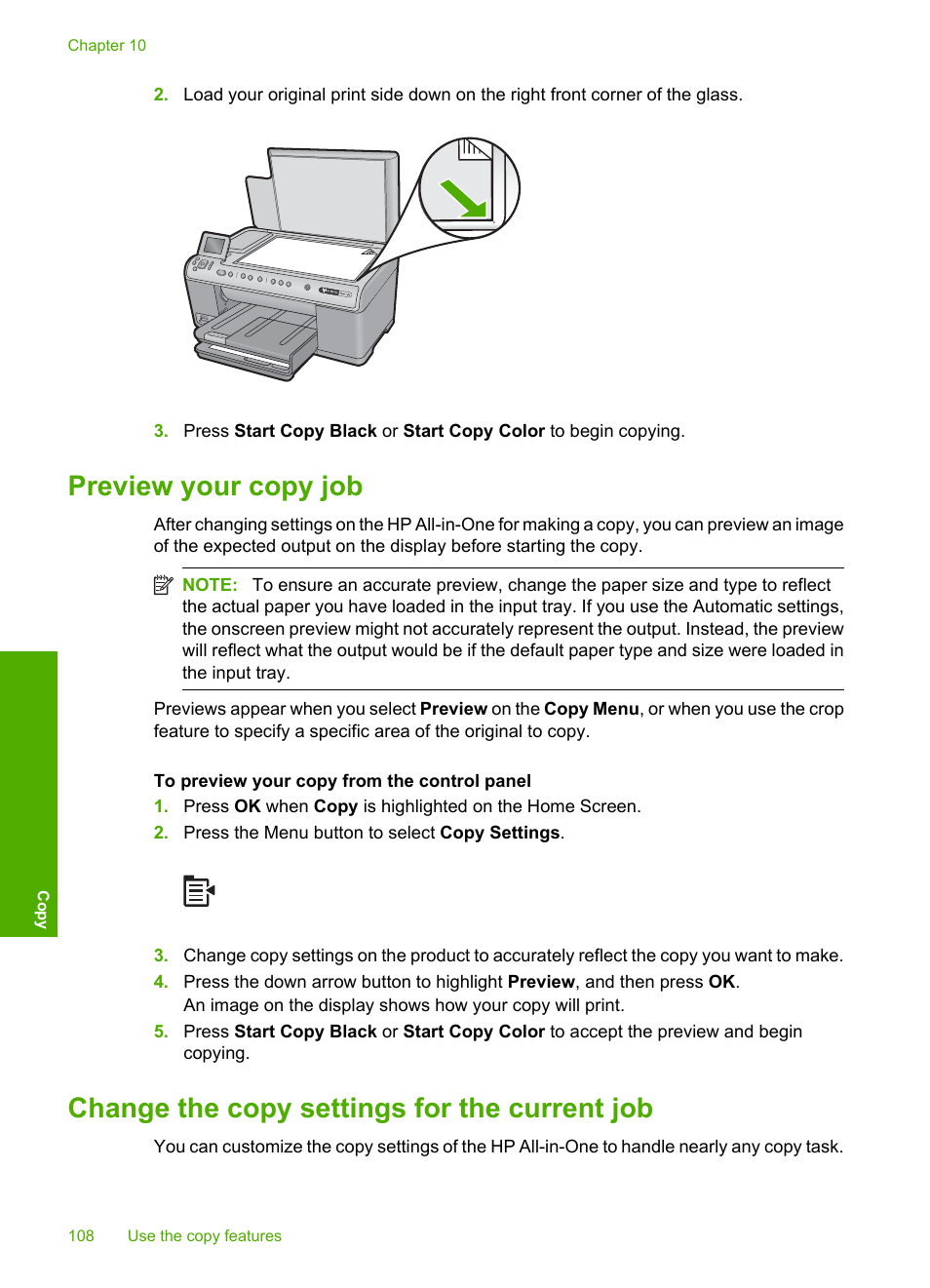 Preview your copy job, Change the copy settings for the current job | HP Photosmart C6340 All-in-One Printer User Manual | Page 111 / 331