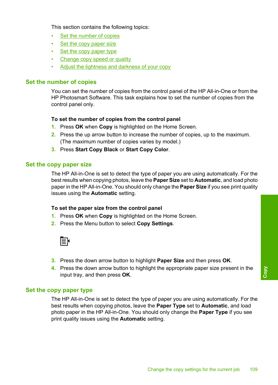 Set the number of copies, Set the copy paper size, Set the copy paper type | HP Photosmart C6340 All-in-One Printer User Manual | Page 112 / 331