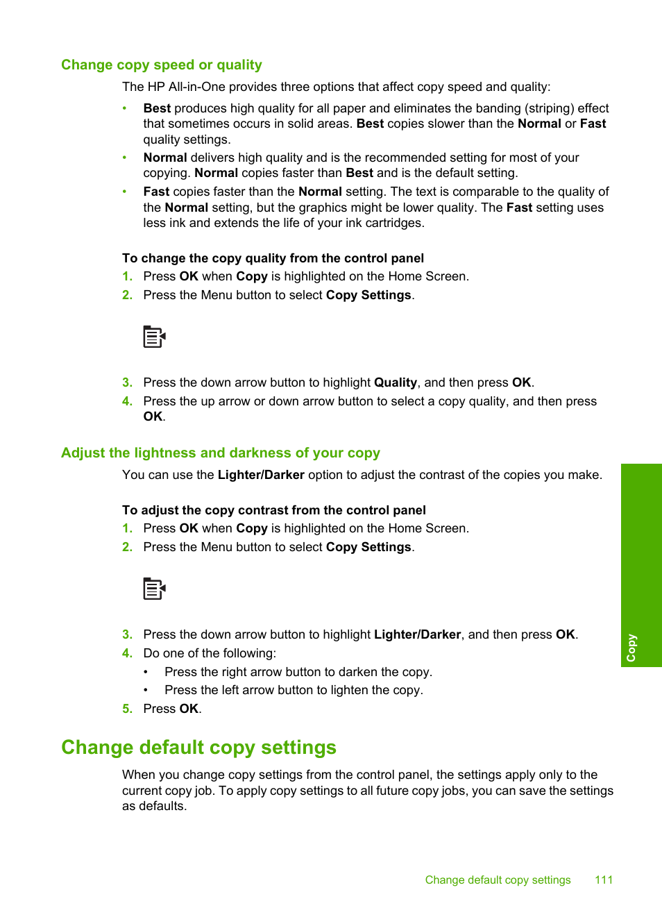 Change copy speed or quality, Adjust the lightness and darkness of your copy, Change default copy settings | HP Photosmart C6340 All-in-One Printer User Manual | Page 114 / 331