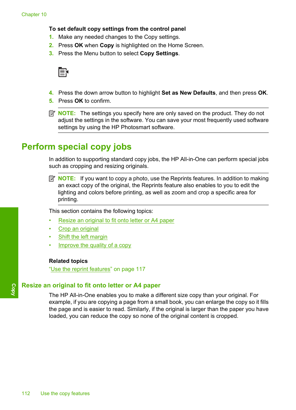 Perform special copy jobs, Resize an original to fit onto letter or a4 paper | HP Photosmart C6340 All-in-One Printer User Manual | Page 115 / 331