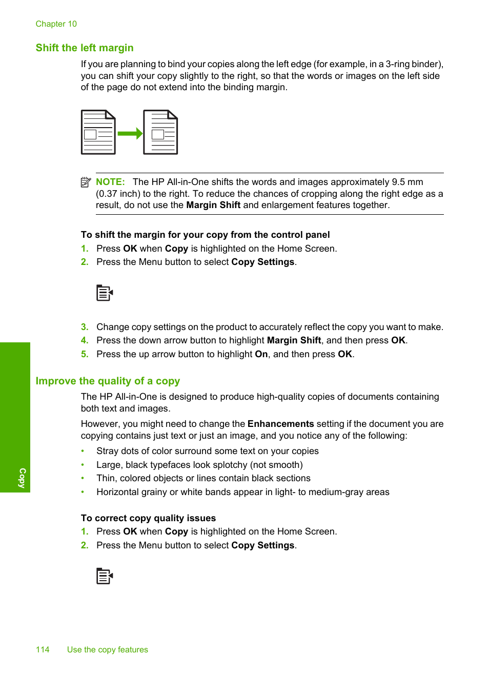 Shift the left margin, Improve the quality of a copy | HP Photosmart C6340 All-in-One Printer User Manual | Page 117 / 331