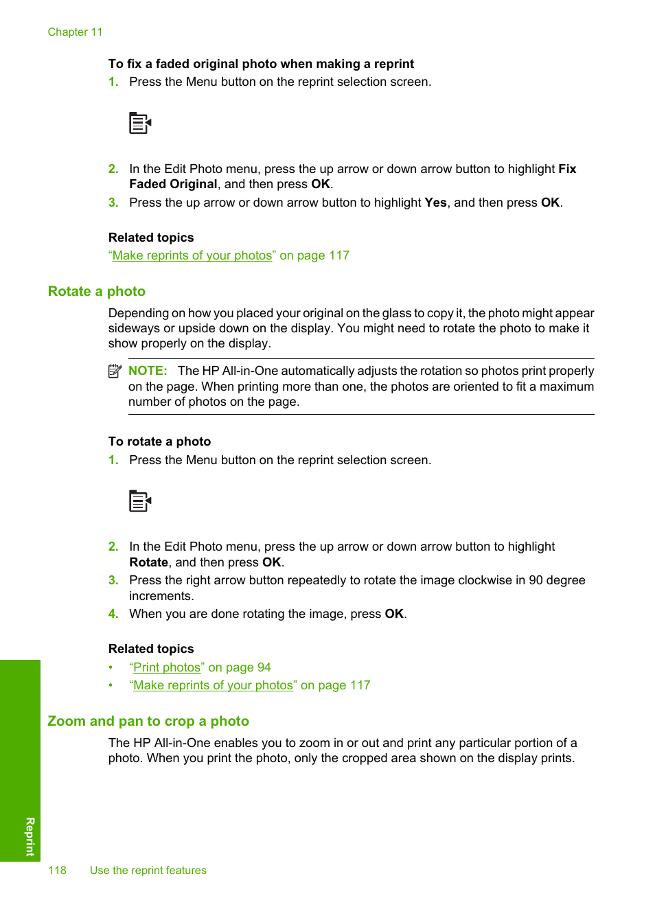 Rotate a photo, Zoom and pan to crop a photo | HP Photosmart C6340 All-in-One Printer User Manual | Page 121 / 331