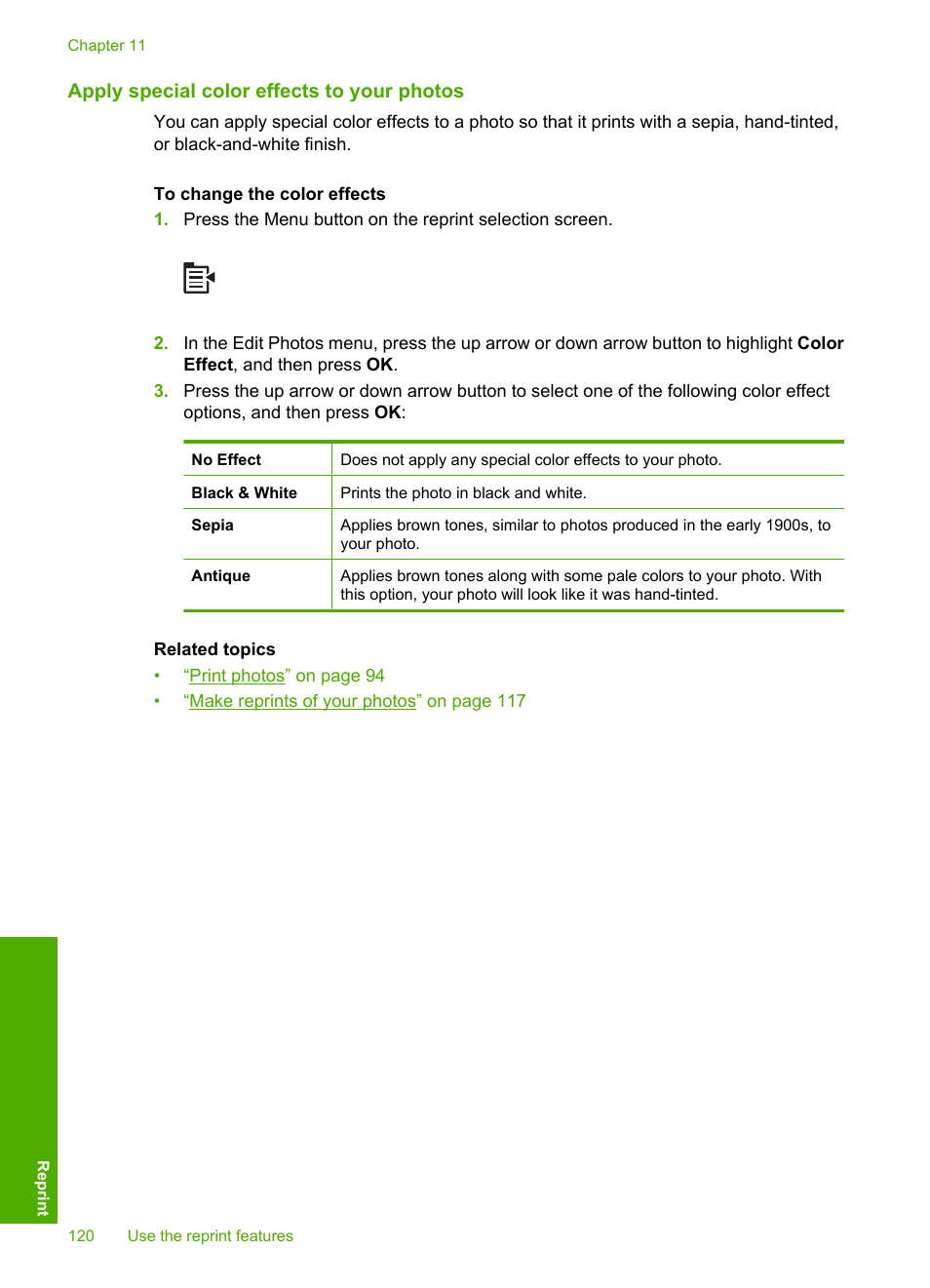 Apply special color effects to your photos | HP Photosmart C6340 All-in-One Printer User Manual | Page 123 / 331