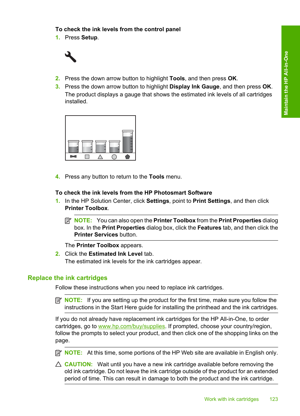 Replace the ink cartridges | HP Photosmart C6340 All-in-One Printer User Manual | Page 126 / 331