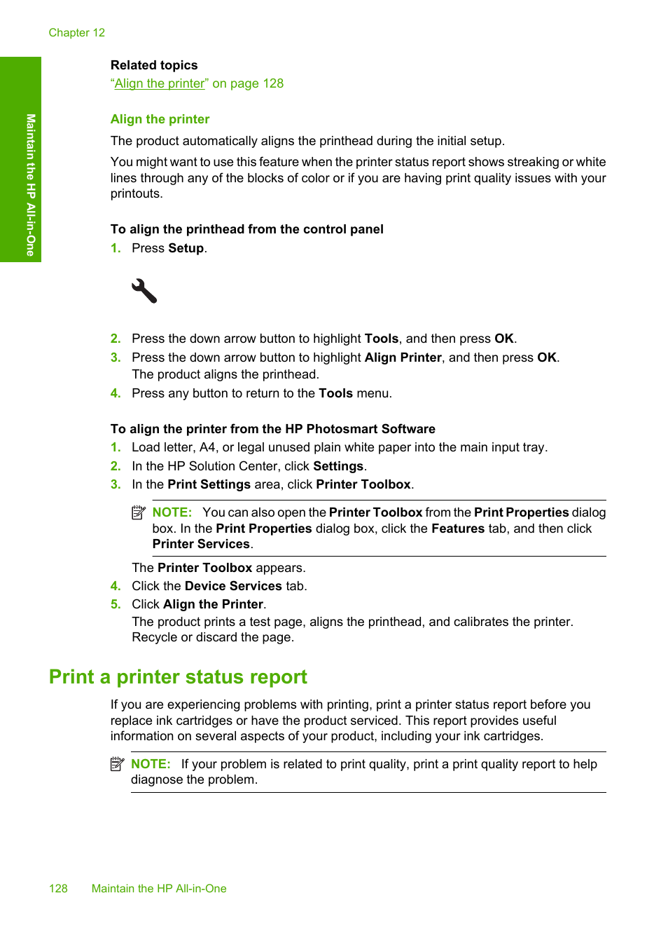 Align the printer, Print a printer status report | HP Photosmart C6340 All-in-One Printer User Manual | Page 131 / 331