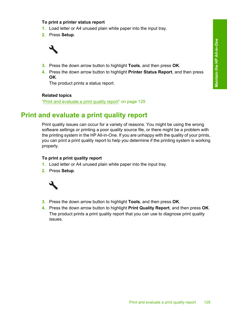 Print and evaluate a print quality report | HP Photosmart C6340 All-in-One Printer User Manual | Page 132 / 331