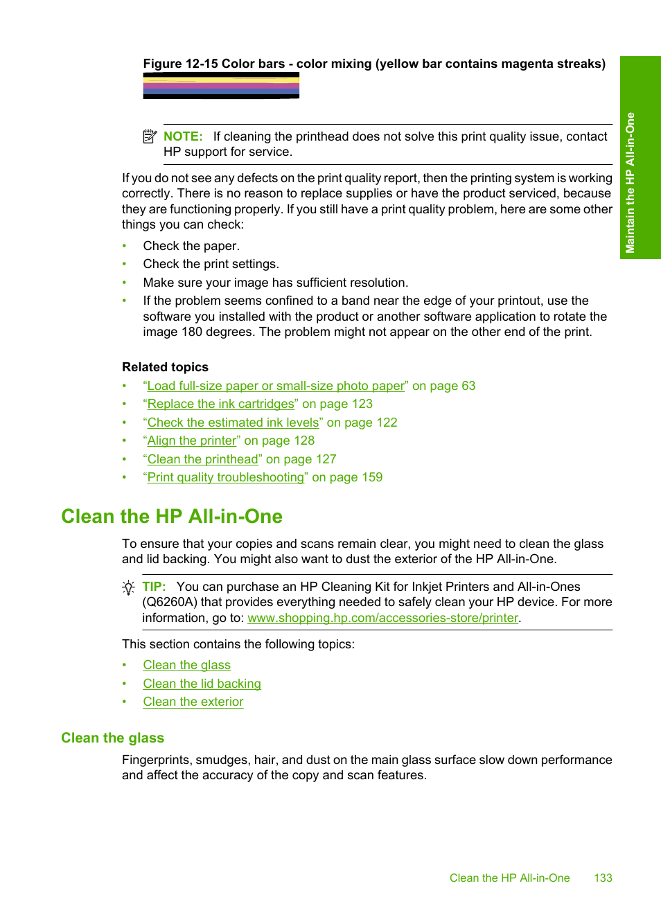 Clean the hp all-in-one, Clean the glass | HP Photosmart C6340 All-in-One Printer User Manual | Page 136 / 331