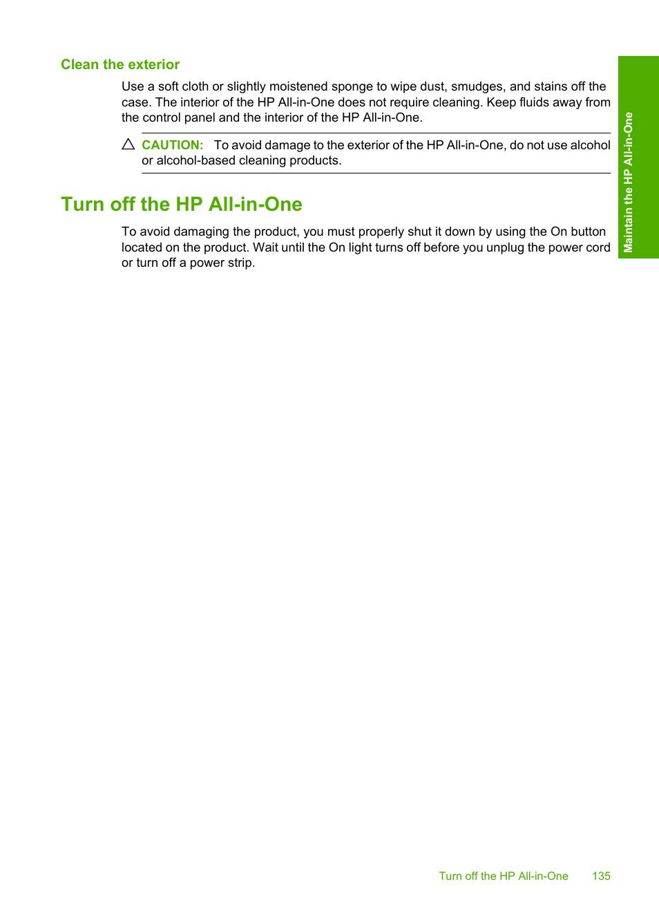 Clean the exterior, Turn off the hp all-in-one | HP Photosmart C6340 All-in-One Printer User Manual | Page 138 / 331