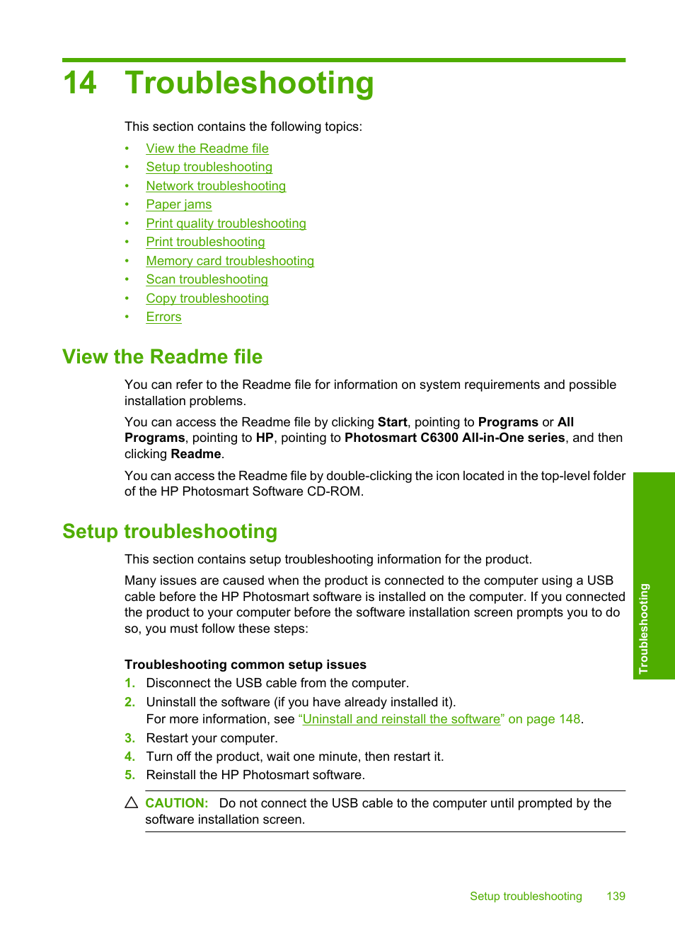 Troubleshooting, View the readme file, Setup troubleshooting | 14 troubleshooting, View the readme file setup troubleshooting | HP Photosmart C6340 All-in-One Printer User Manual | Page 142 / 331