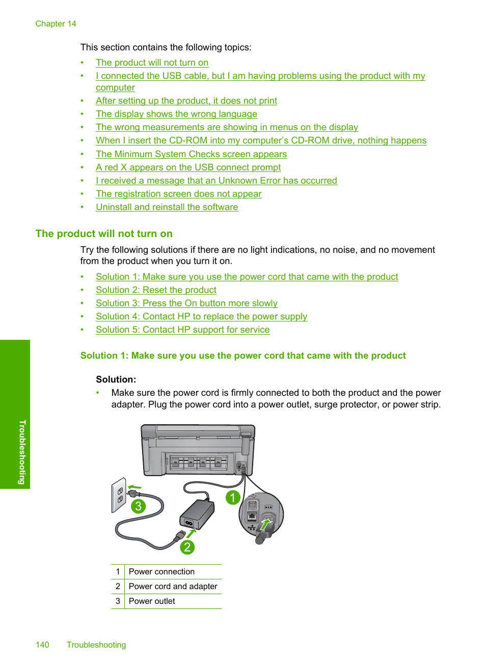 The product will not turn on | HP Photosmart C6340 All-in-One Printer User Manual | Page 143 / 331