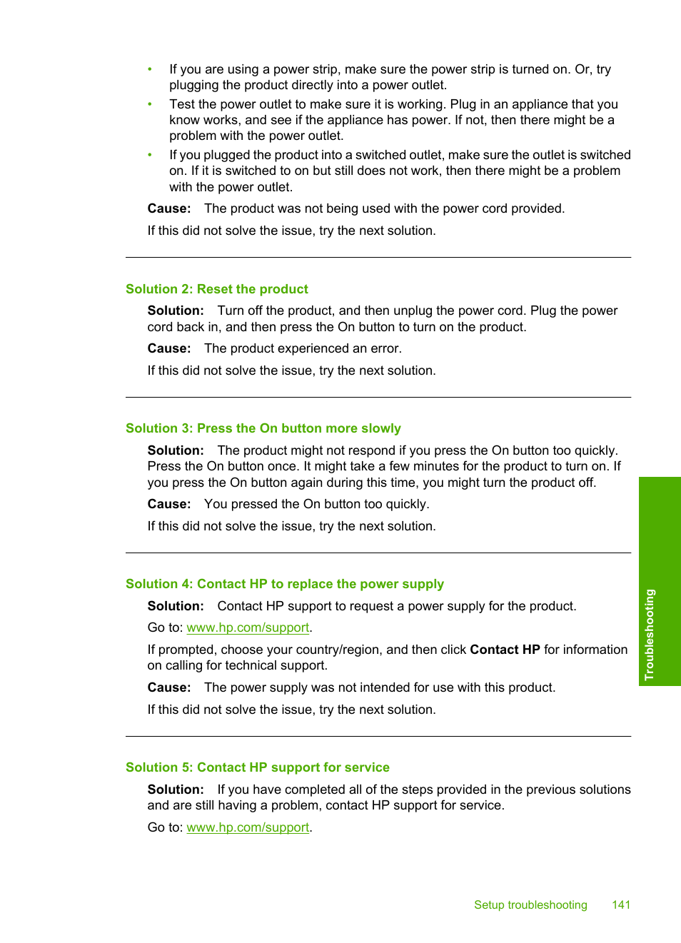 Solution 2: reset the product, Solution 3: press the on button more slowly, Solution 4: contact hp to replace the power supply | Solution 5: contact hp support for service | HP Photosmart C6340 All-in-One Printer User Manual | Page 144 / 331