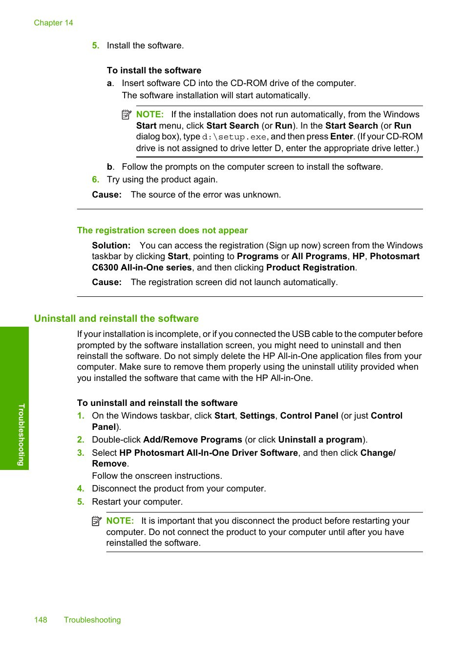 Uninstall and reinstall the software, The registration screen does not appear | HP Photosmart C6340 All-in-One Printer User Manual | Page 151 / 331