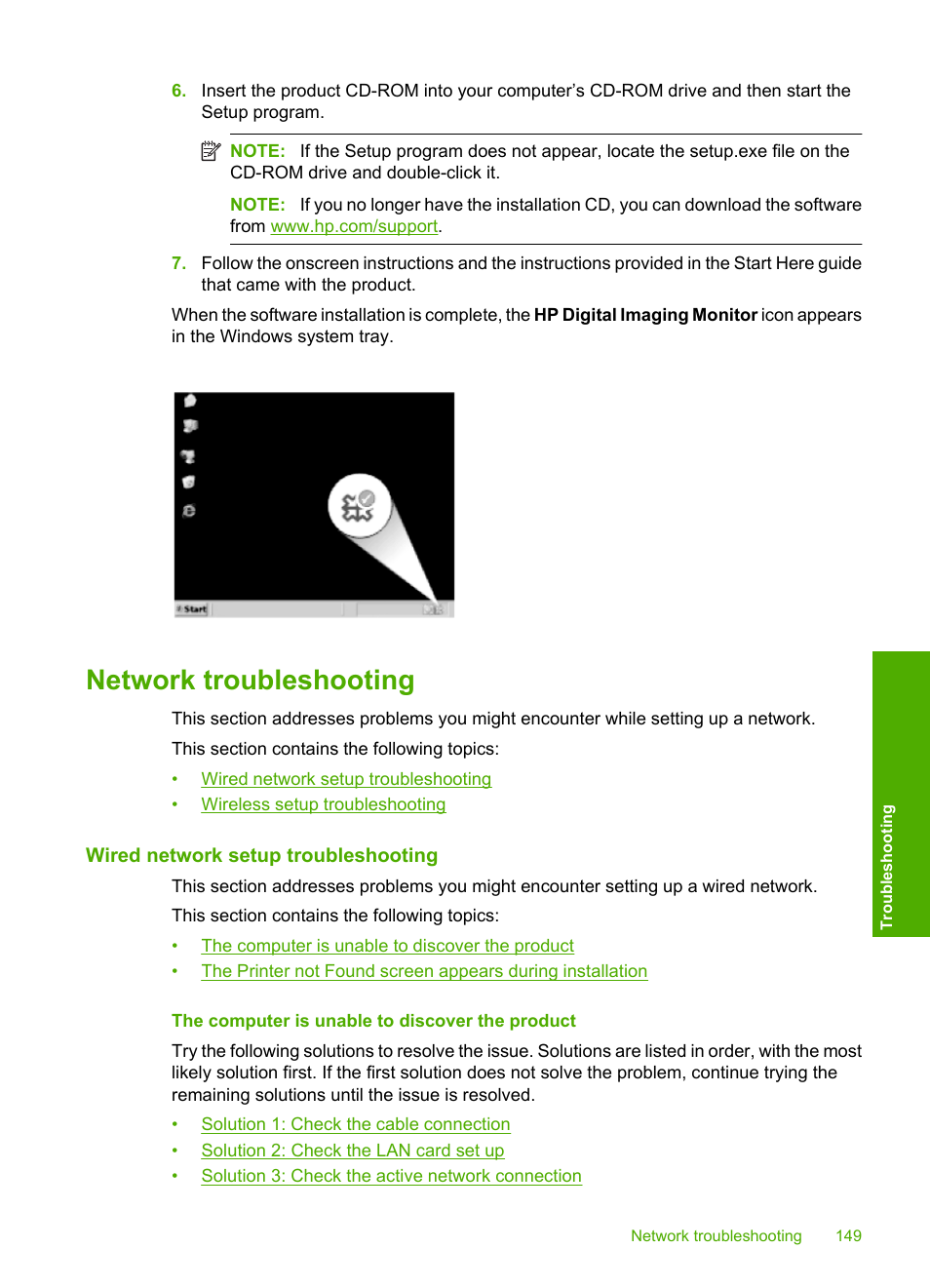 Network troubleshooting, Wired network setup troubleshooting, The computer is unable to discover the product | HP Photosmart C6340 All-in-One Printer User Manual | Page 152 / 331