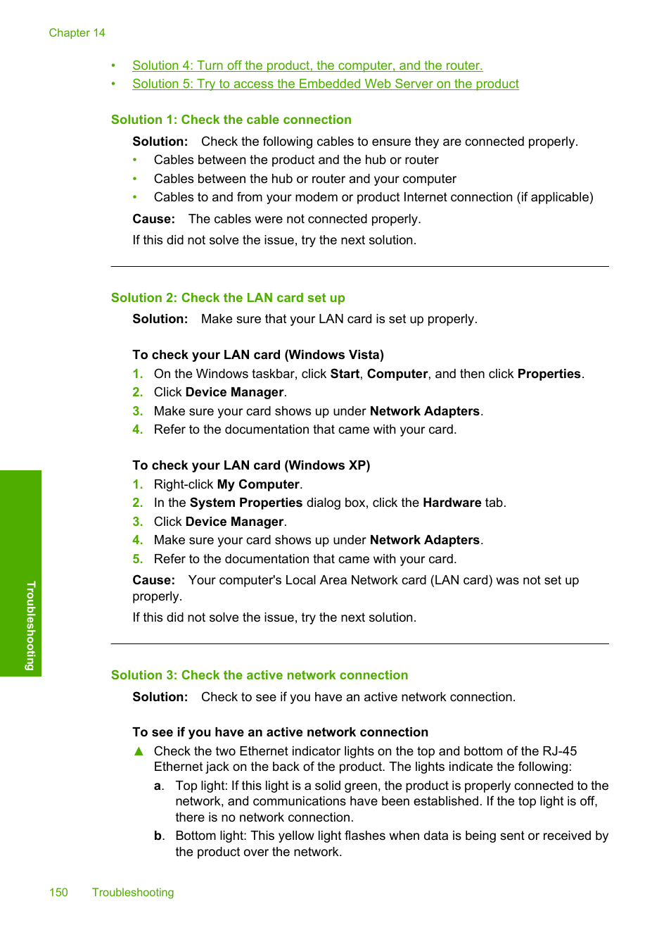Solution 1: check the cable connection, Solution 2: check the lan card set up, Solution 3: check the active network connection | HP Photosmart C6340 All-in-One Printer User Manual | Page 153 / 331