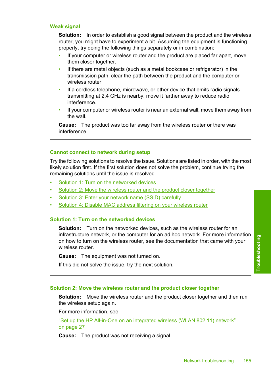 Cannot connect to network during setup, Weak signal | HP Photosmart C6340 All-in-One Printer User Manual | Page 158 / 331