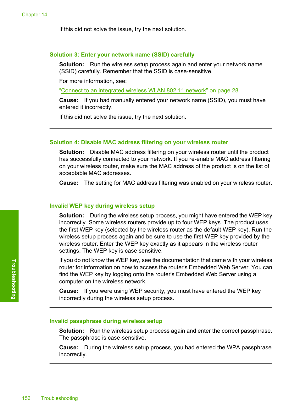 Invalid wep key during wireless setup, Invalid passphrase during wireless setup | HP Photosmart C6340 All-in-One Printer User Manual | Page 159 / 331