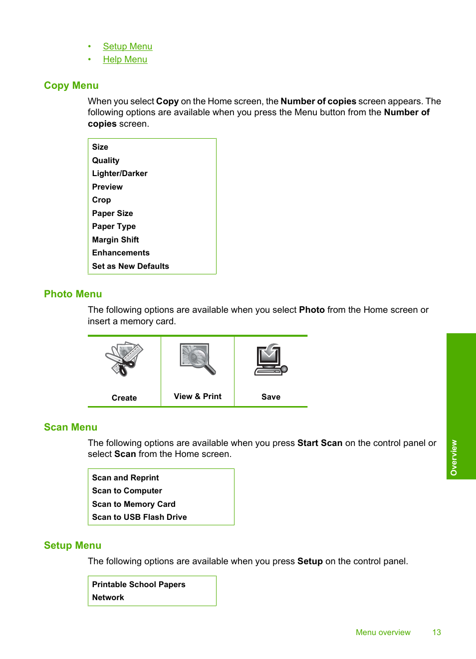 Copy menu, Photo menu, Scan menu | Setup menu | HP Photosmart C6340 All-in-One Printer User Manual | Page 16 / 331