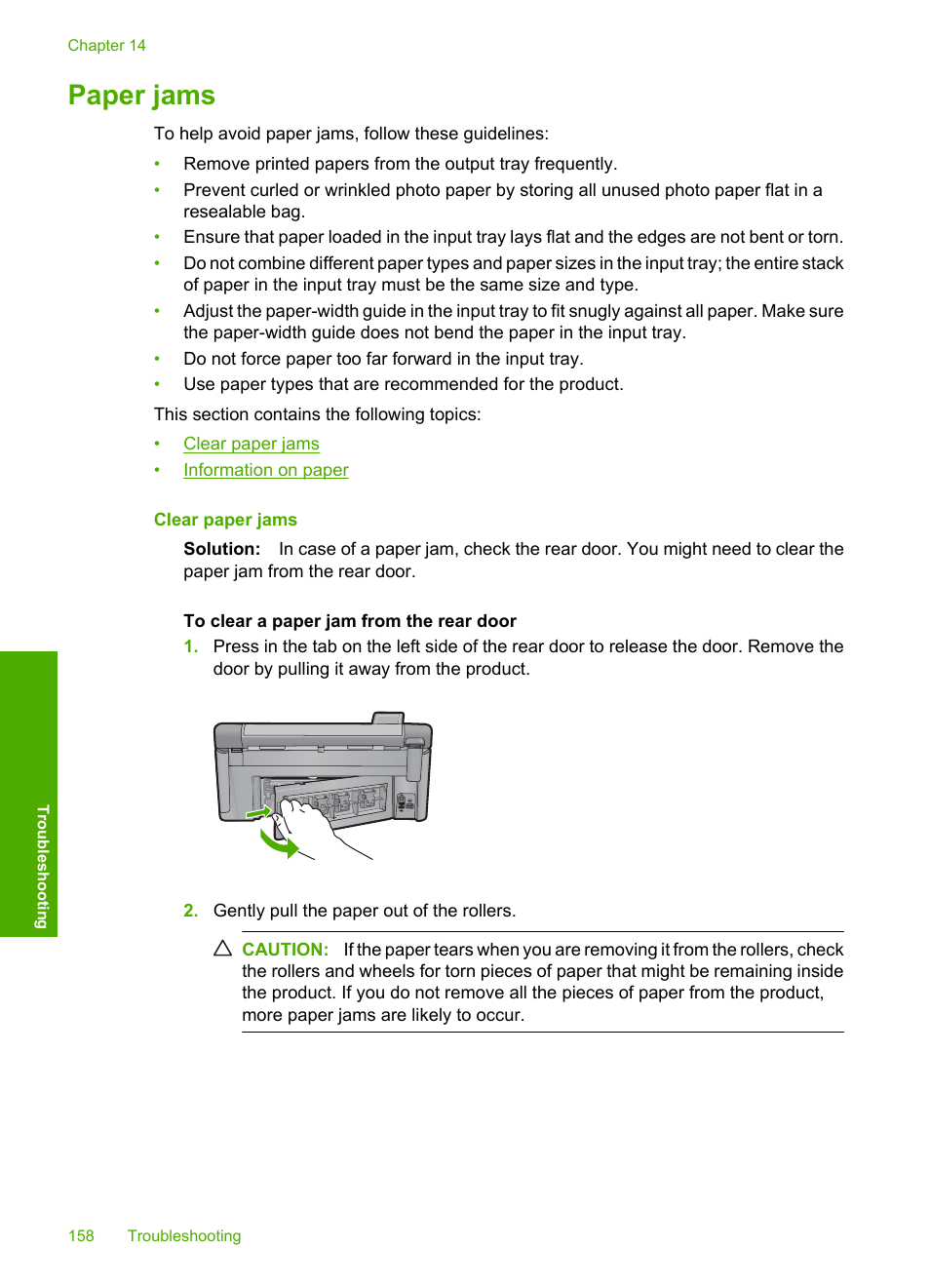Paper jams, Information on paper | HP Photosmart C6340 All-in-One Printer User Manual | Page 161 / 331