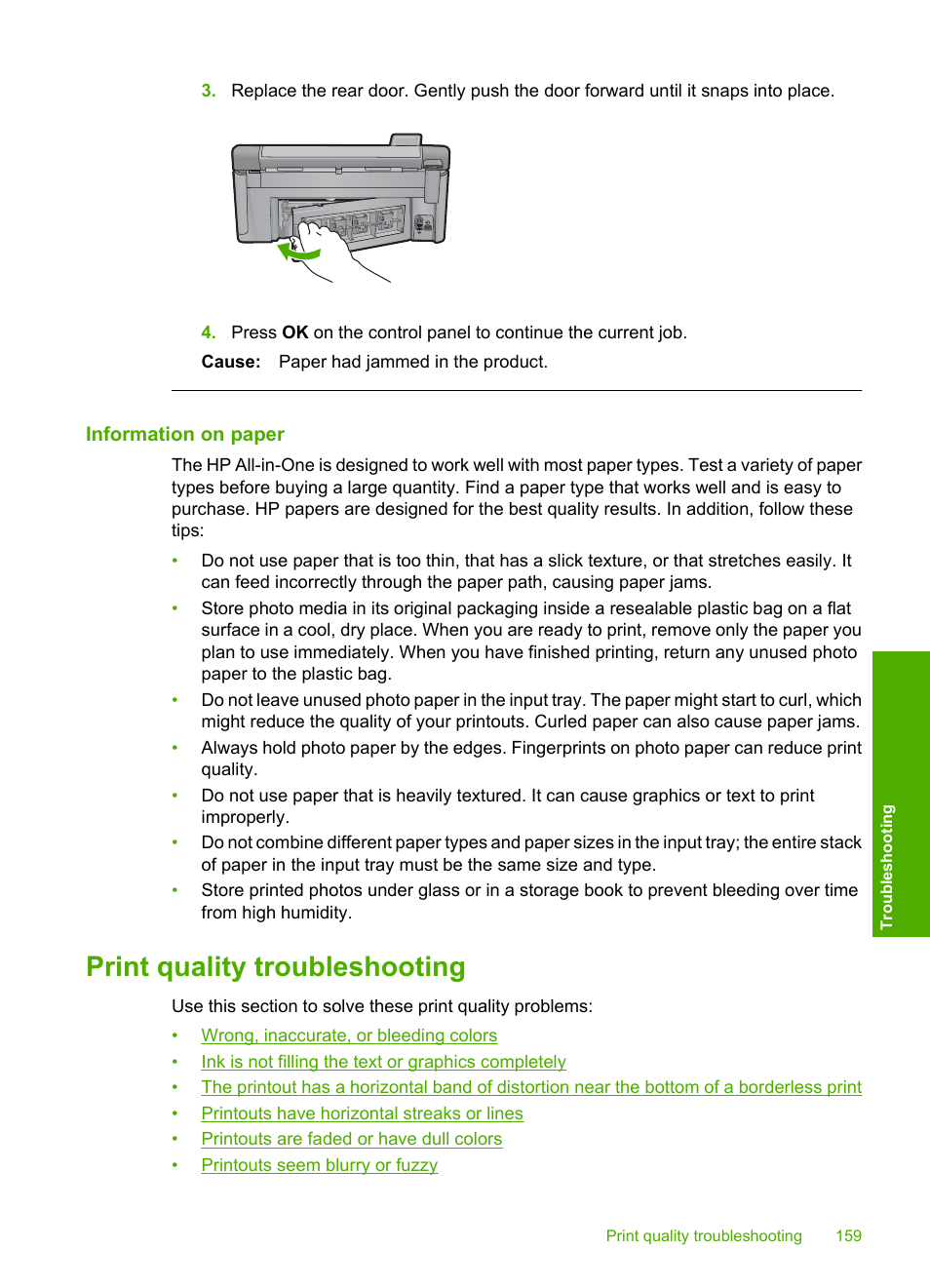 Information on paper, Print quality troubleshooting | HP Photosmart C6340 All-in-One Printer User Manual | Page 162 / 331