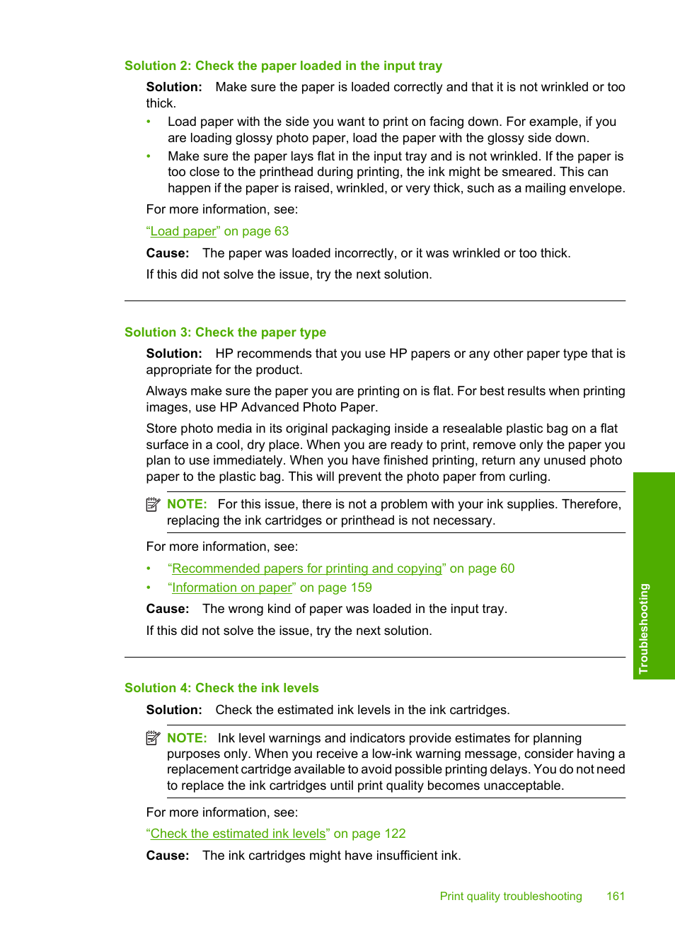 Solution 3: check the paper type, Solution 4: check the ink levels | HP Photosmart C6340 All-in-One Printer User Manual | Page 164 / 331