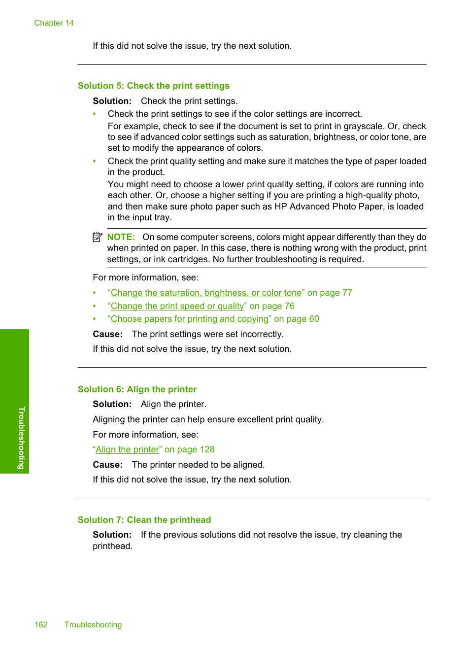 Solution 5: check the print settings, Solution 6: align the printer, Solution 7: clean the printhead | HP Photosmart C6340 All-in-One Printer User Manual | Page 165 / 331