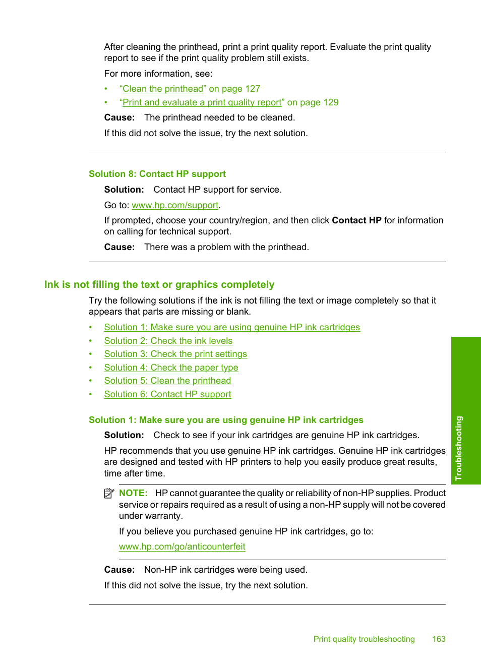 Ink is not filling the text or graphics completely, Solution 8: contact hp support | HP Photosmart C6340 All-in-One Printer User Manual | Page 166 / 331