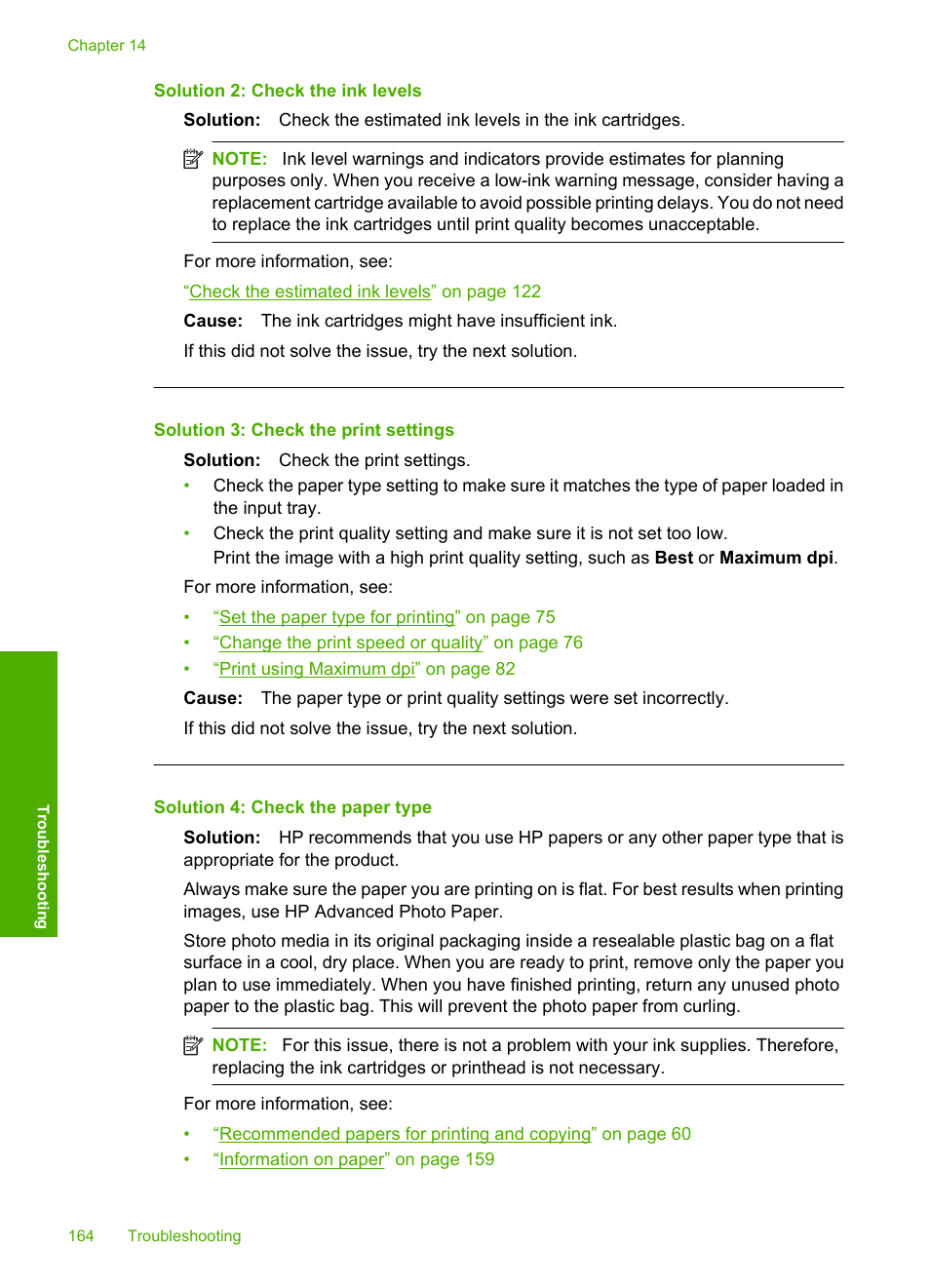 Solution 2: check the ink levels, Solution 3: check the print settings, Solution 4: check the paper type | HP Photosmart C6340 All-in-One Printer User Manual | Page 167 / 331