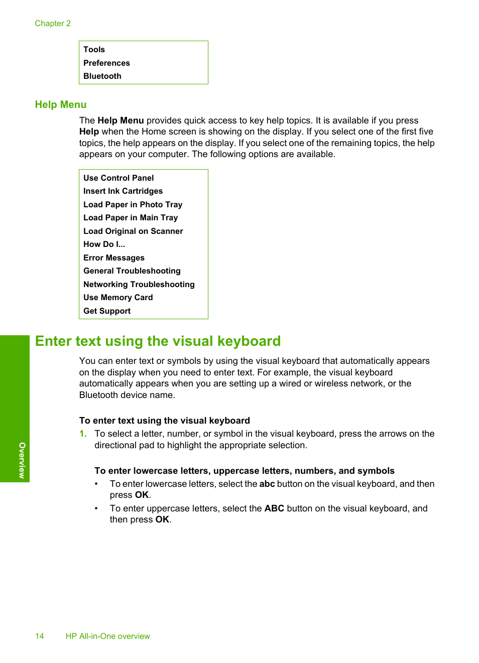 Help menu, Enter text using the visual keyboard | HP Photosmart C6340 All-in-One Printer User Manual | Page 17 / 331