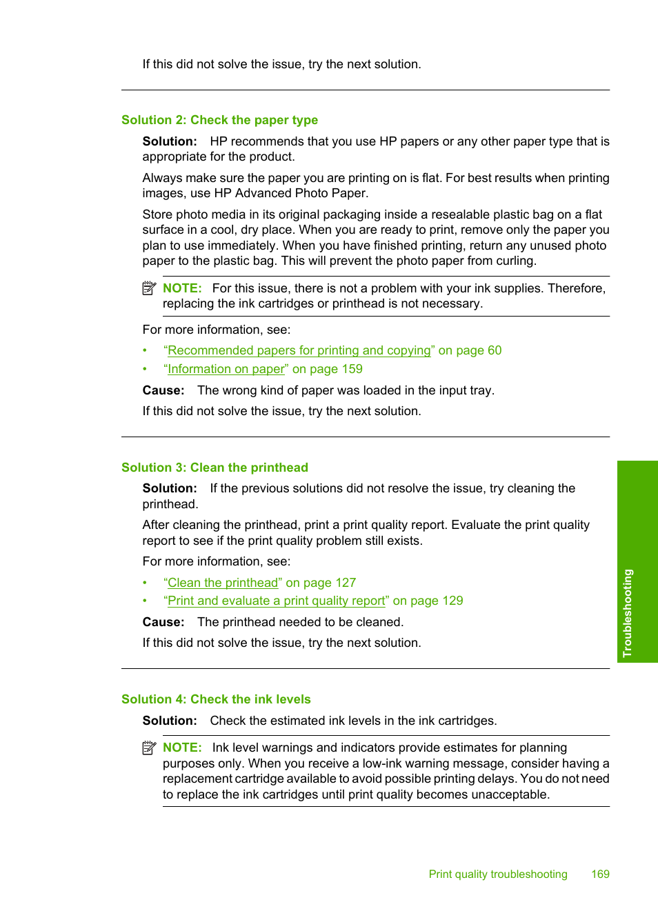 Solution 2: check the paper type, Solution 3: clean the printhead, Solution 4: check the ink levels | HP Photosmart C6340 All-in-One Printer User Manual | Page 172 / 331