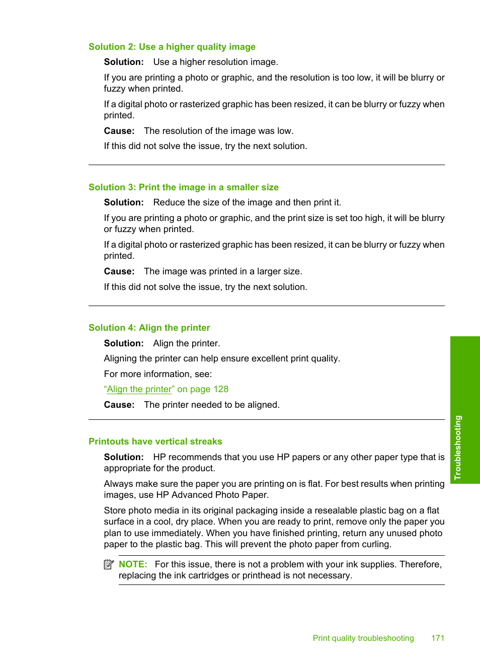 Printouts have vertical streaks, Solution 2: use a higher quality image, Solution 3: print the image in a smaller size | Solution 4: align the printer | HP Photosmart C6340 All-in-One Printer User Manual | Page 174 / 331