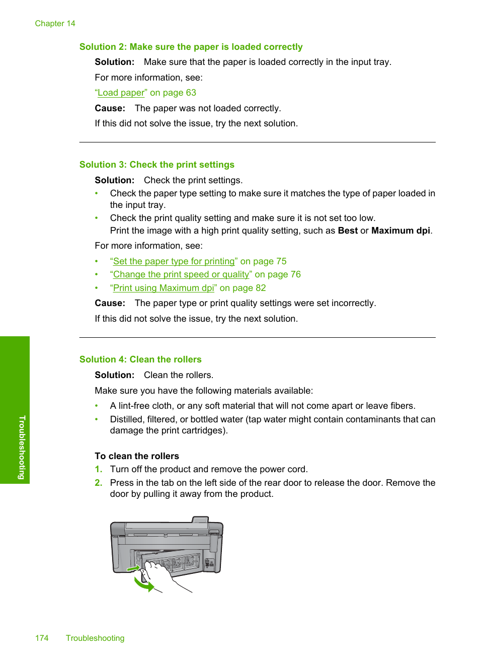 Solution 3: check the print settings, Solution 4: clean the rollers | HP Photosmart C6340 All-in-One Printer User Manual | Page 177 / 331