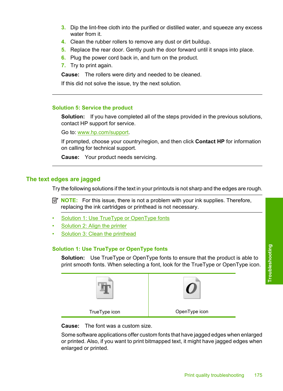 The text edges are jagged, Solution 5: service the product | HP Photosmart C6340 All-in-One Printer User Manual | Page 178 / 331