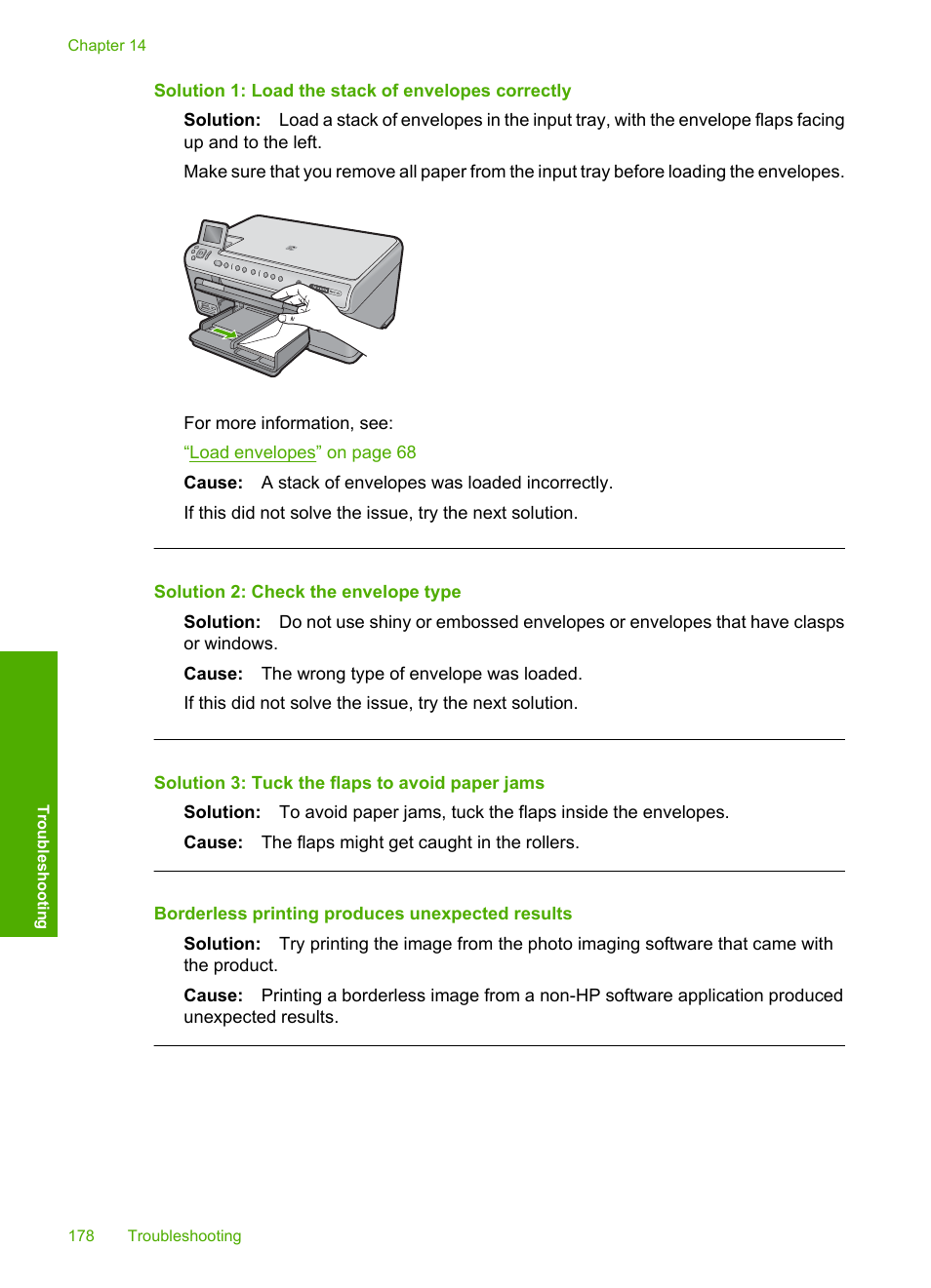 Borderless printing produces unexpected results, Solution 1: load the stack of envelopes correctly, Solution 2: check the envelope type | Solution 3: tuck the flaps to avoid paper jams | HP Photosmart C6340 All-in-One Printer User Manual | Page 181 / 331