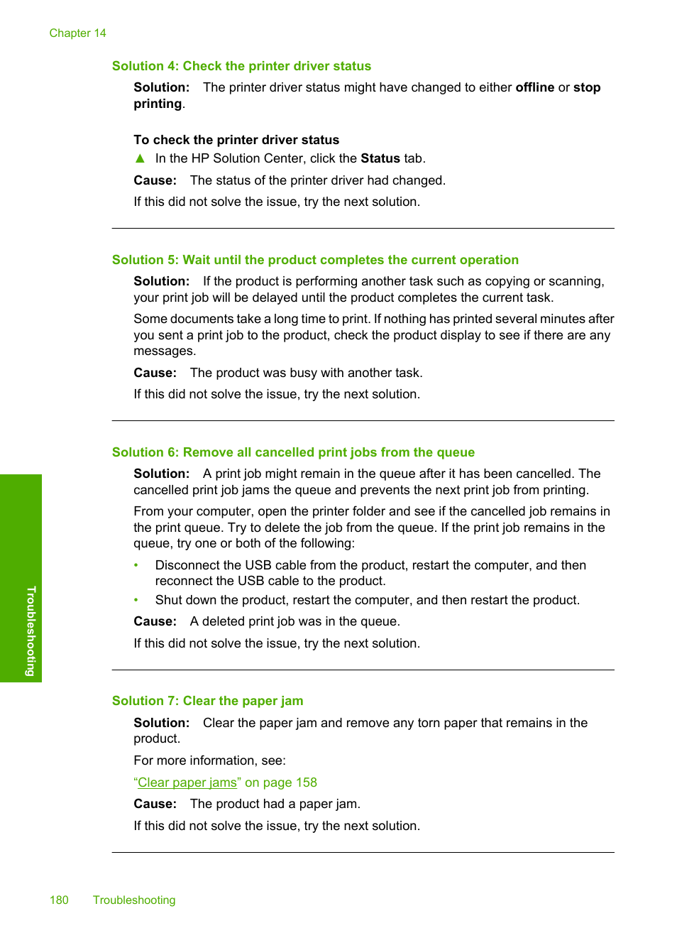 Solution 4: check the printer driver status, Solution 7: clear the paper jam | HP Photosmart C6340 All-in-One Printer User Manual | Page 183 / 331