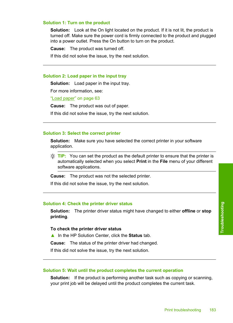 Solution 1: turn on the product, Solution 2: load paper in the input tray, Solution 3: select the correct printer | Solution 4: check the printer driver status | HP Photosmart C6340 All-in-One Printer User Manual | Page 186 / 331