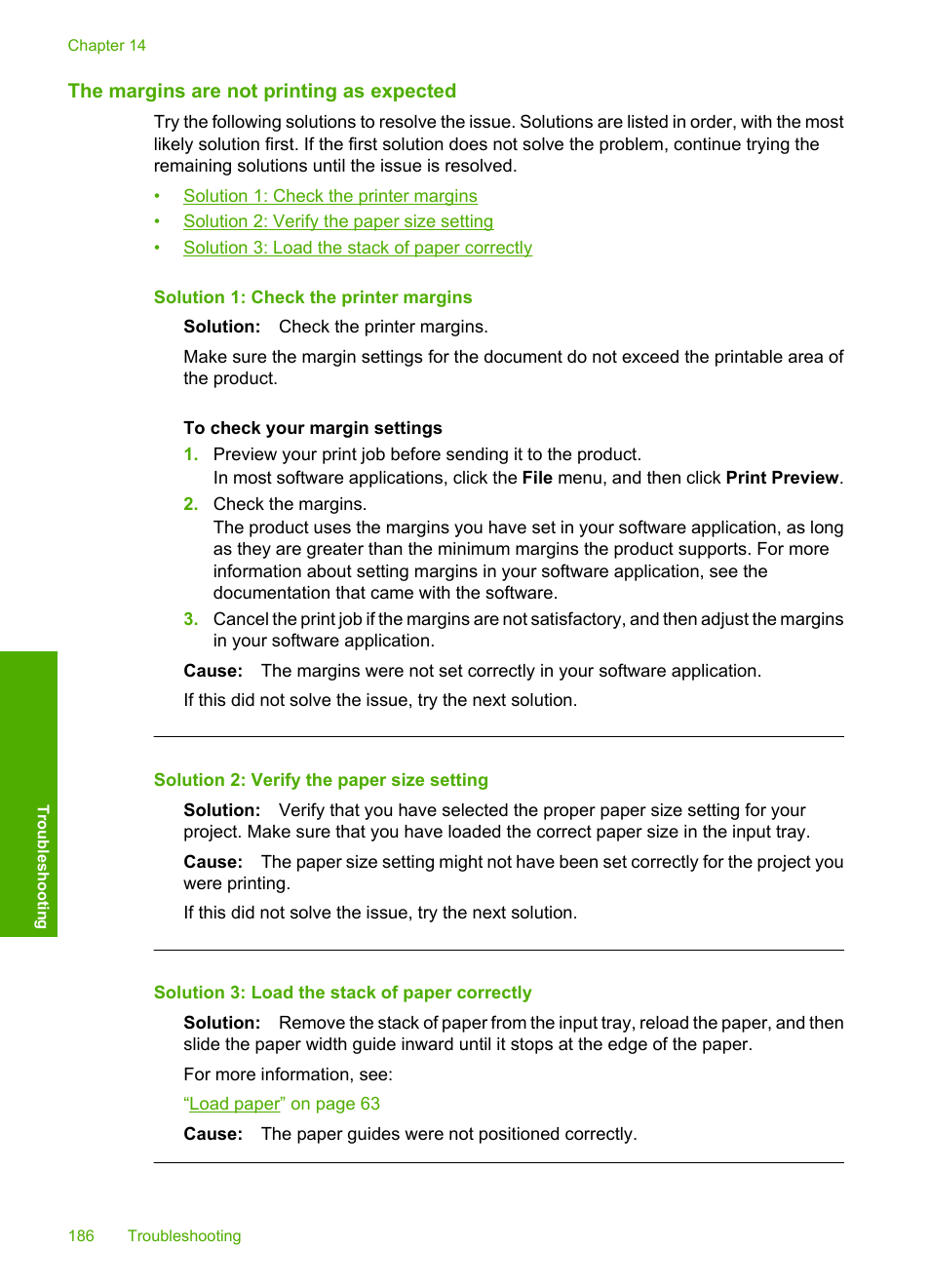 The margins are not printing as expected | HP Photosmart C6340 All-in-One Printer User Manual | Page 189 / 331