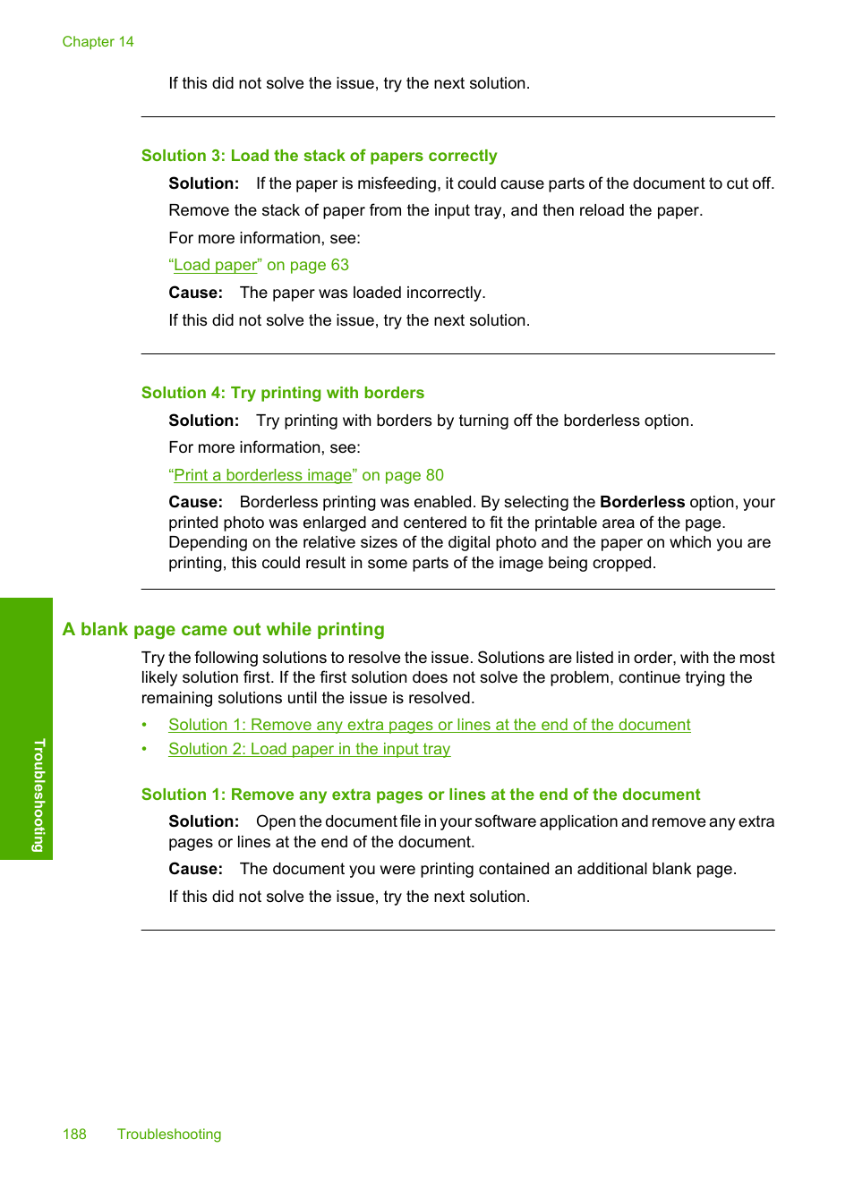 Solution 3: load the stack of papers correctly, Solution 4: try printing with borders | HP Photosmart C6340 All-in-One Printer User Manual | Page 191 / 331