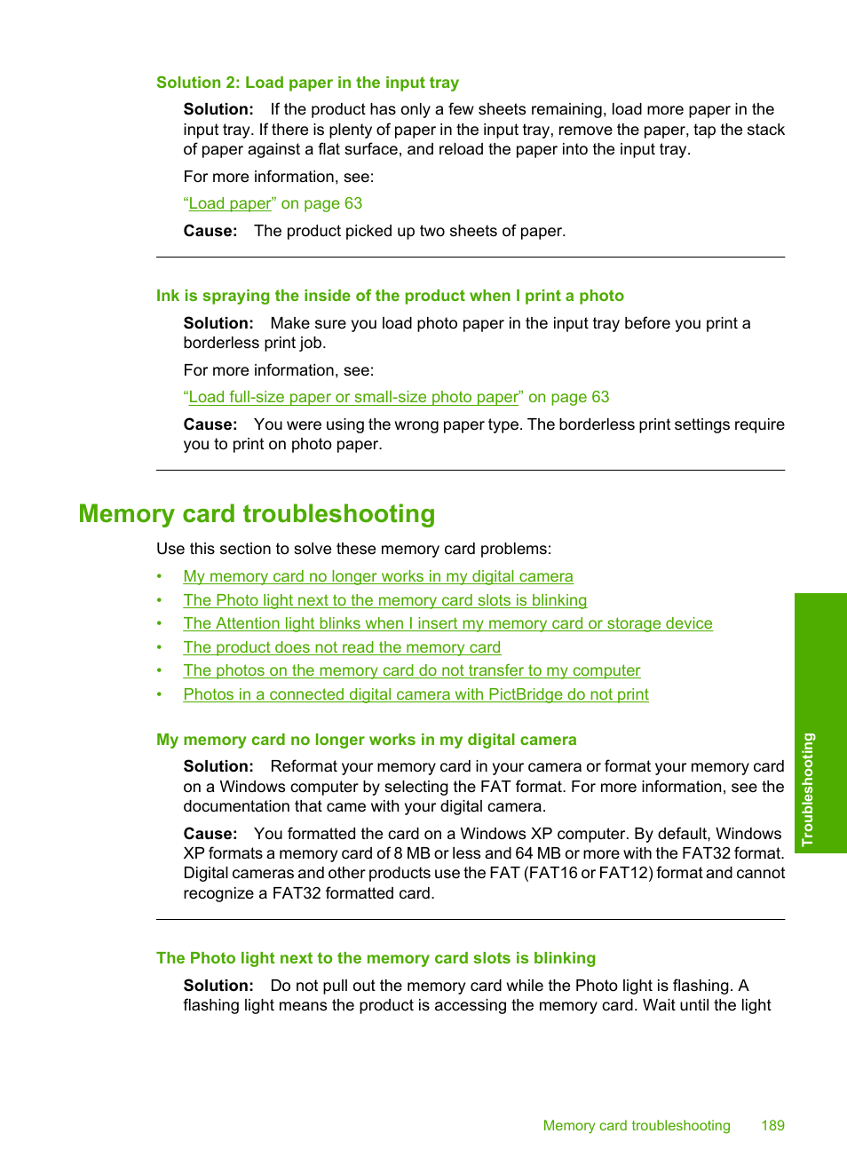 Memory card troubleshooting, Solution 2: load paper in the input tray | HP Photosmart C6340 All-in-One Printer User Manual | Page 192 / 331