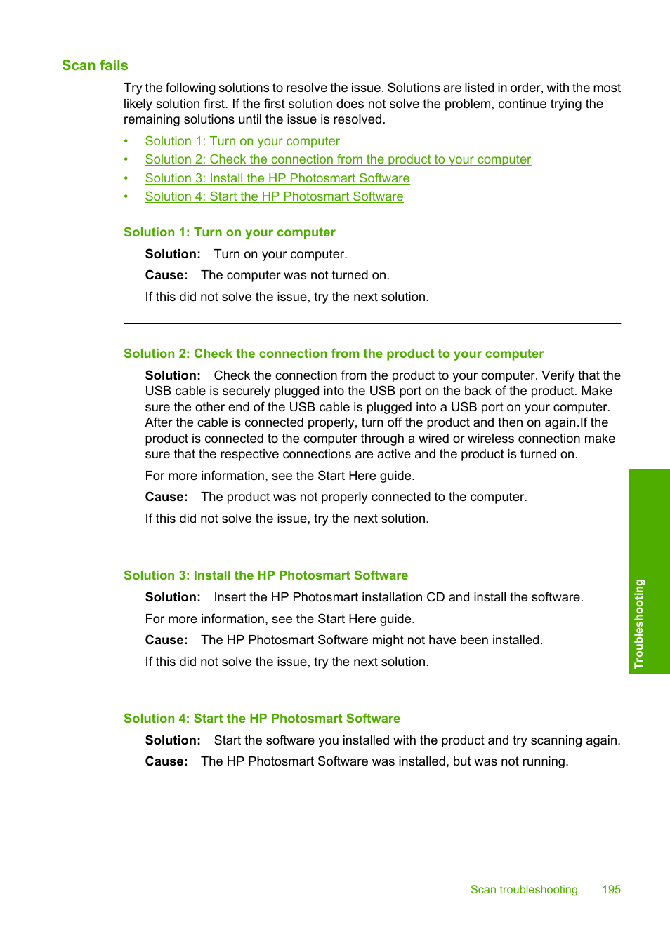 Scan fails | HP Photosmart C6340 All-in-One Printer User Manual | Page 198 / 331