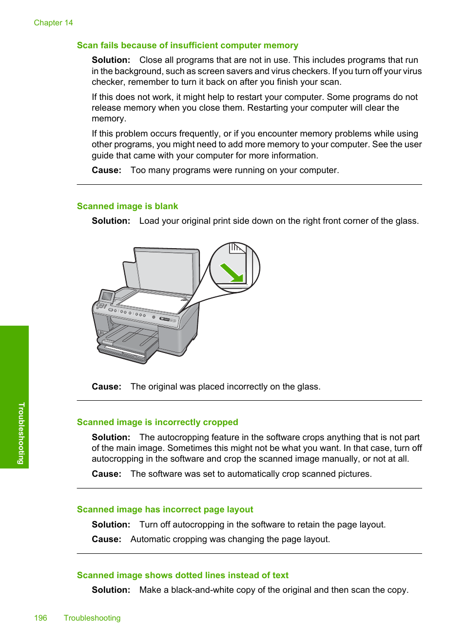 Scan fails because of insufficient computer memory, Scanned image is blank, Scanned image is incorrectly cropped | Scanned image shows dotted lines instead of text | HP Photosmart C6340 All-in-One Printer User Manual | Page 199 / 331